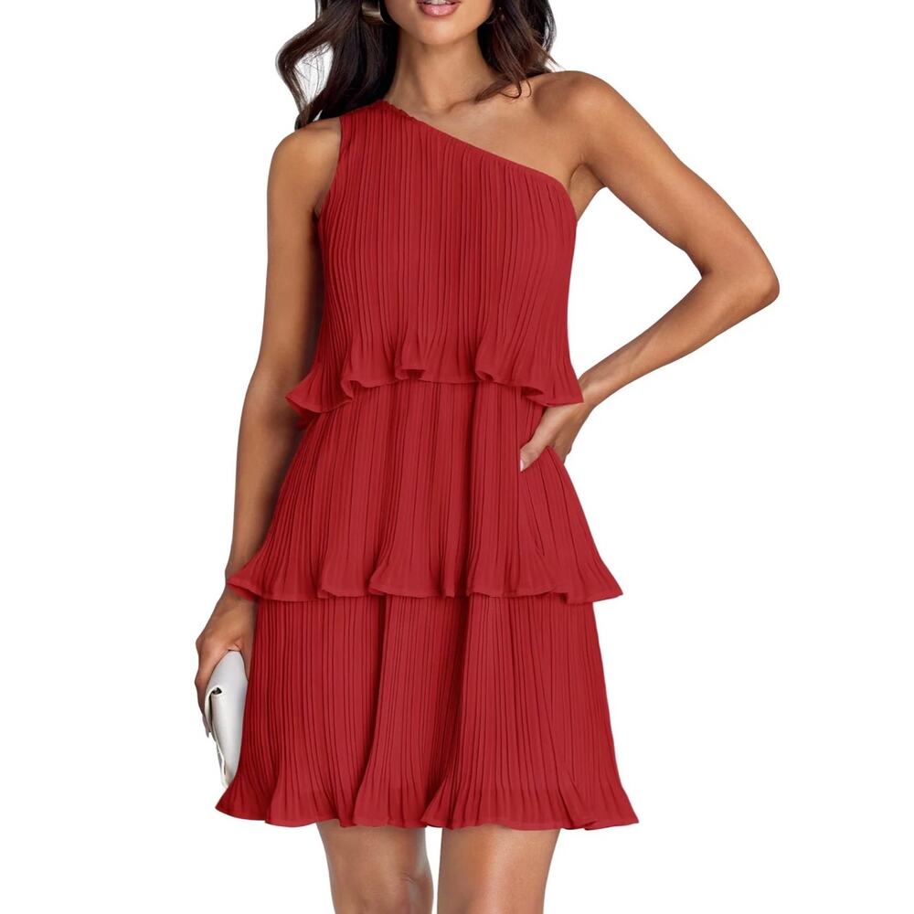 ZESICA Red One Shoulder Pleated Tiered Mini Dress - Size Medium